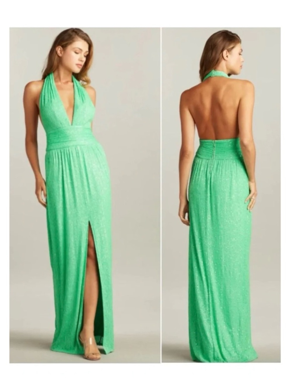 Tadashi Shoji Lime Green Halter Backless Sequin Gown